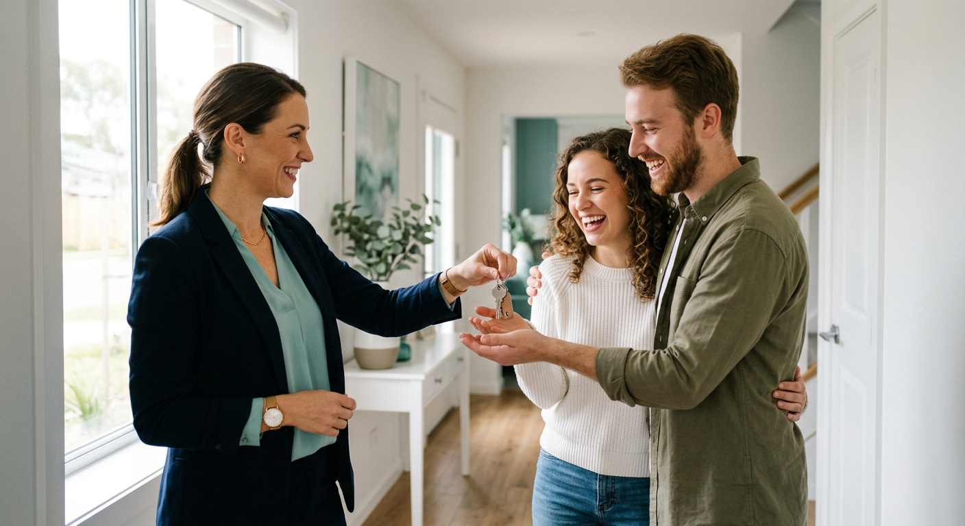A real estate agent handing house keys to a young couple in their new home